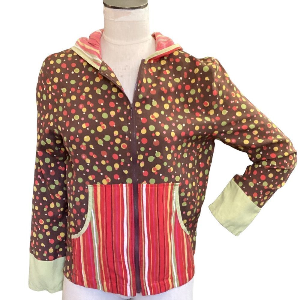 VTG Anne Carson Silk Hooded Full Zip Jacket Top Mixed Print Sz S #36Q